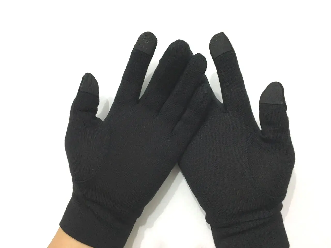 Sous-gants fins en laine mérinos noire, bouts tactiles, coupe seconde peau